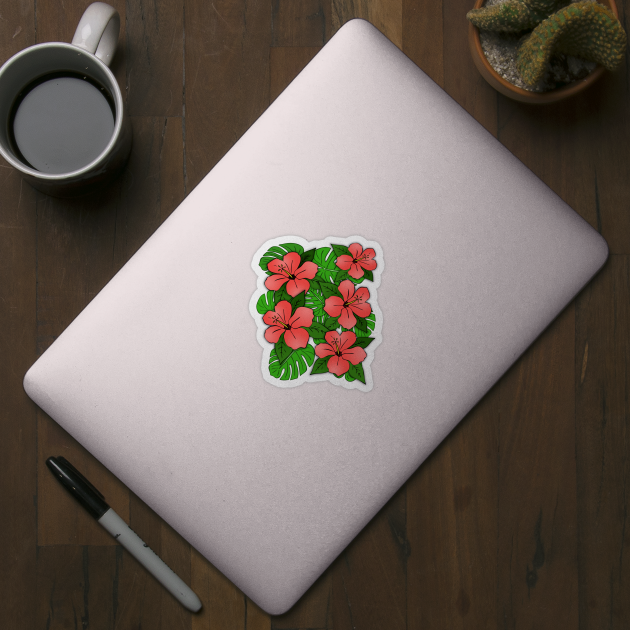 Hibiscus Flowers & Monstera Leaves by headrubble